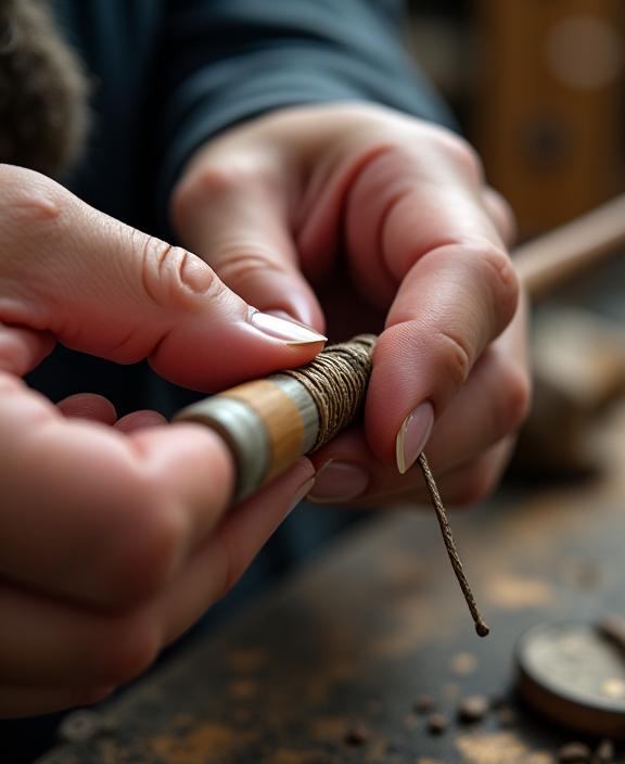 Nahaufnahme einer Hand, die eine Angelrute sorgfältig wickelt