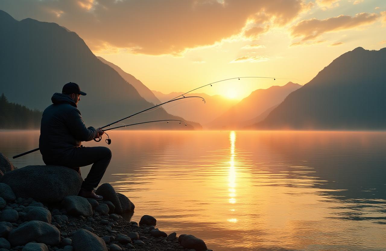 Angler am Ufer des Vierwaldstättersees bei Sonnenaufgang