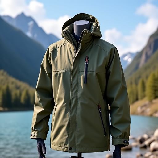 Eine wetterfeste Anglerjacke in einer alpinen Landschaft