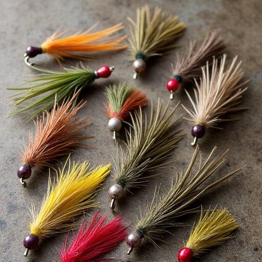 Eine Sammlung von handgebundenen Fliegen für die Forellenfischerei