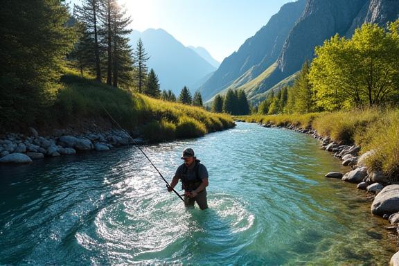 Ein Fliegenfischer in einem klaren Bergfluss in den Schweizer Alpen