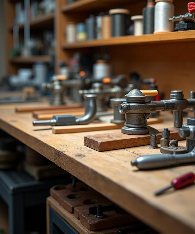 Ein gut organisierter Arbeitsplatz in der Werkstatt mit Werkzeugen für den Rutenbau
